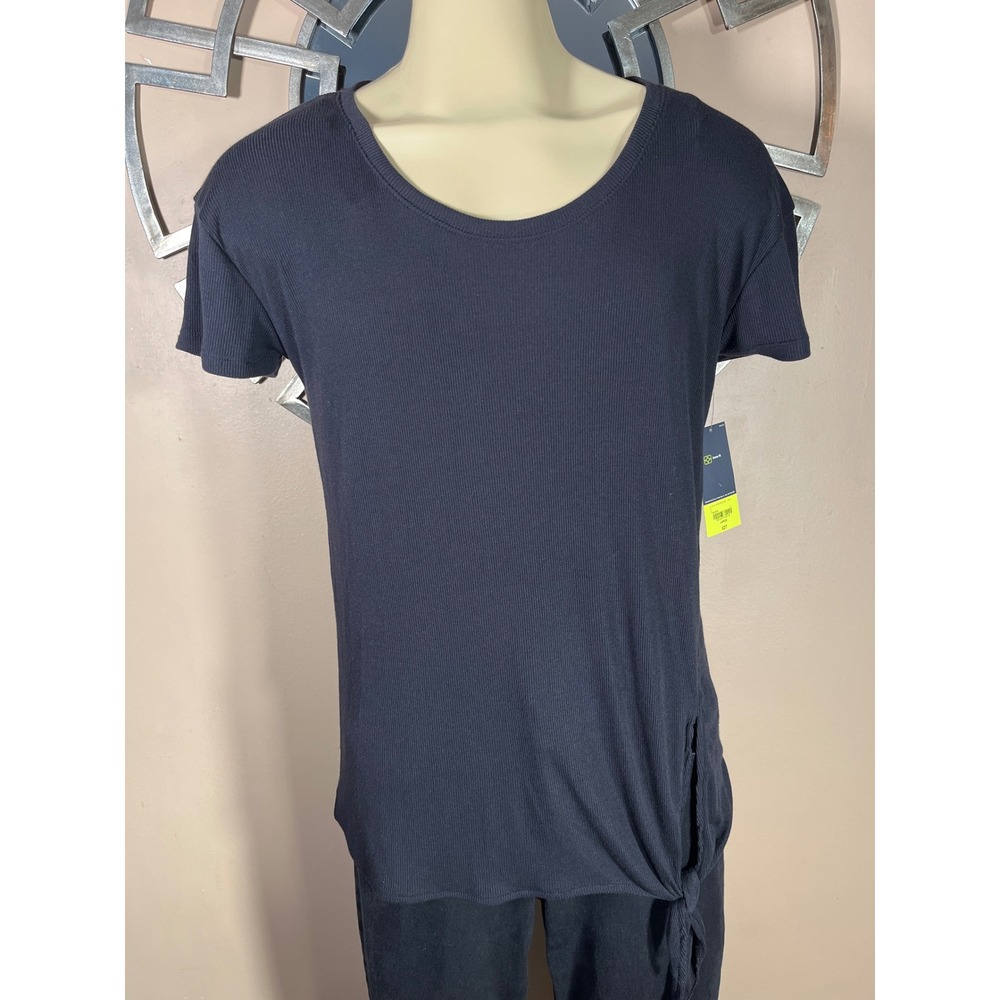 Xersion Black Ribbed Short Sleeve Tunic Top‎ Side Tie Loose Fit Womens Large